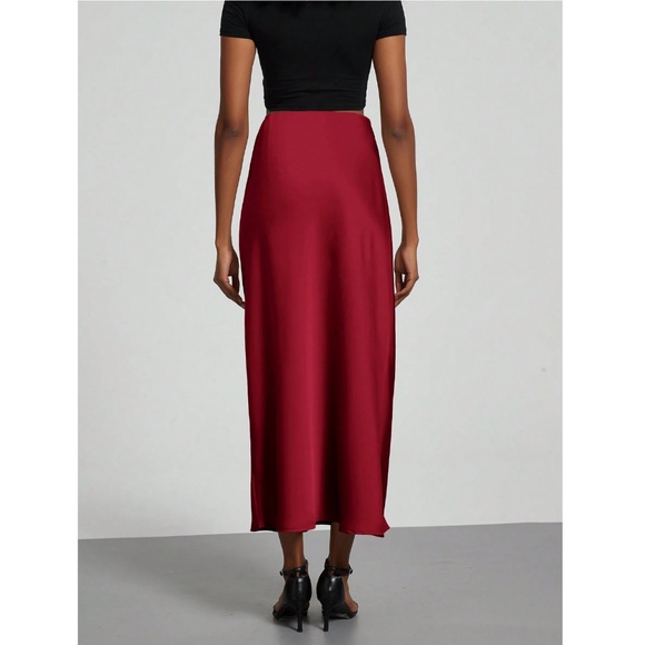 Burgundy Satin A-Line Skirt High Waisted Long - Picture 8 of 9